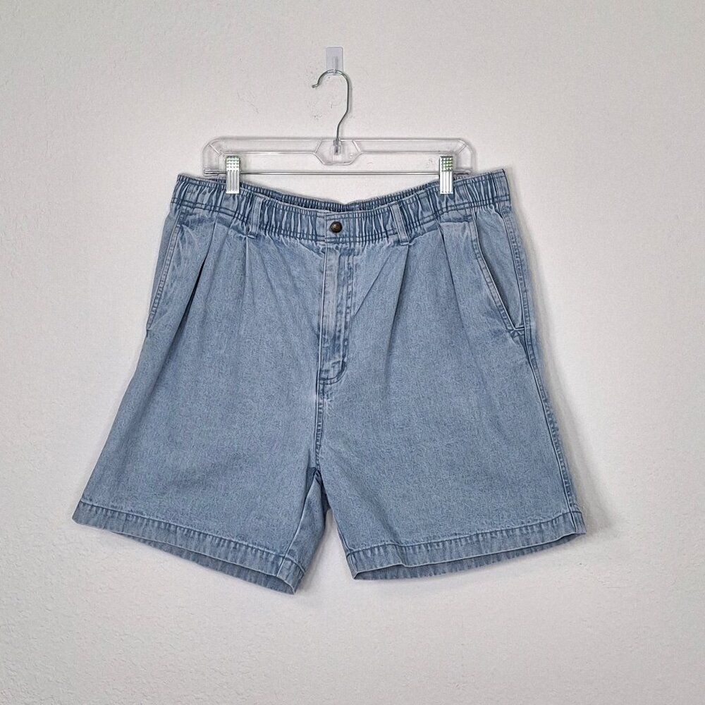 Eddie Bauer Mens Denim Shorts Sz L Elastic Waist Distressed Boho Preppy Casual
